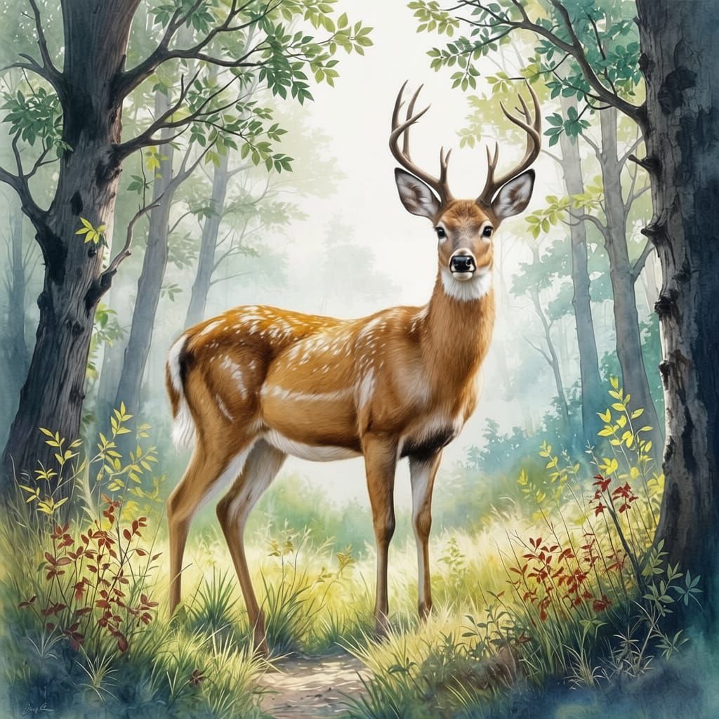 Realistic Watercolor Deer in Forest Glade Painting