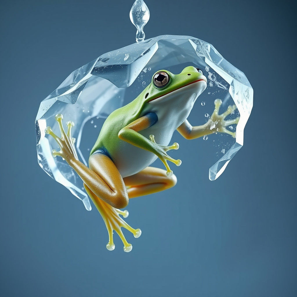 Frog Encased in Icy Sculpture, Suspended in Mid-Air