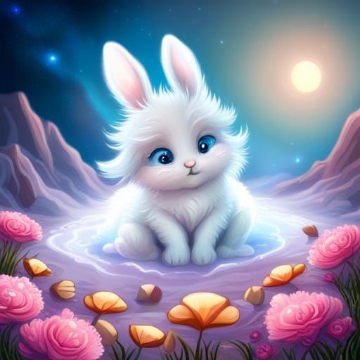 Chibi Bunny Constellation Over Bioluminescent Falls
