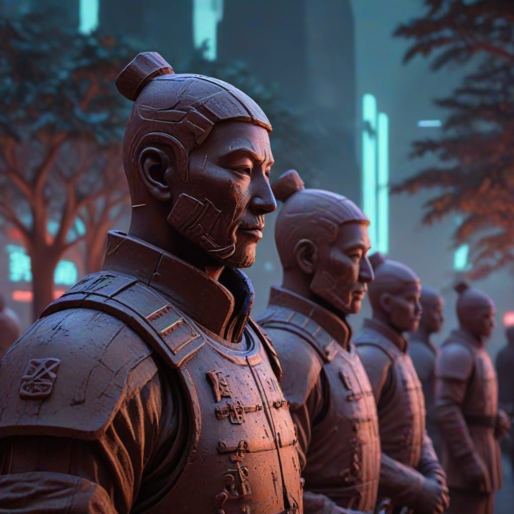 Terracotta Soldiers in Futuristic Neon Garden