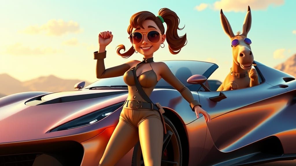 Woman, Dog and Donkey in Pixar Animation Style