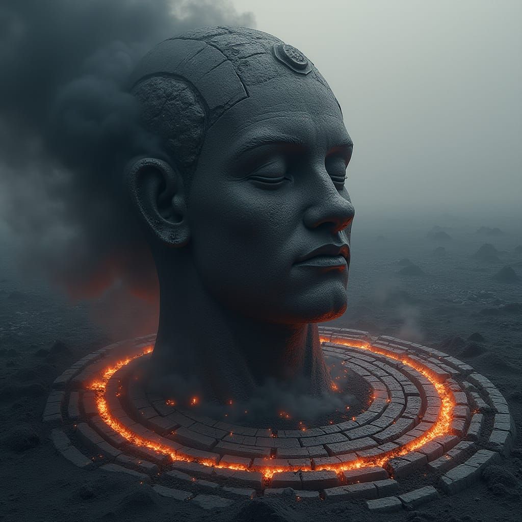 Colossal Stone Head in Volcanic Ash, Hyperrealistic Style