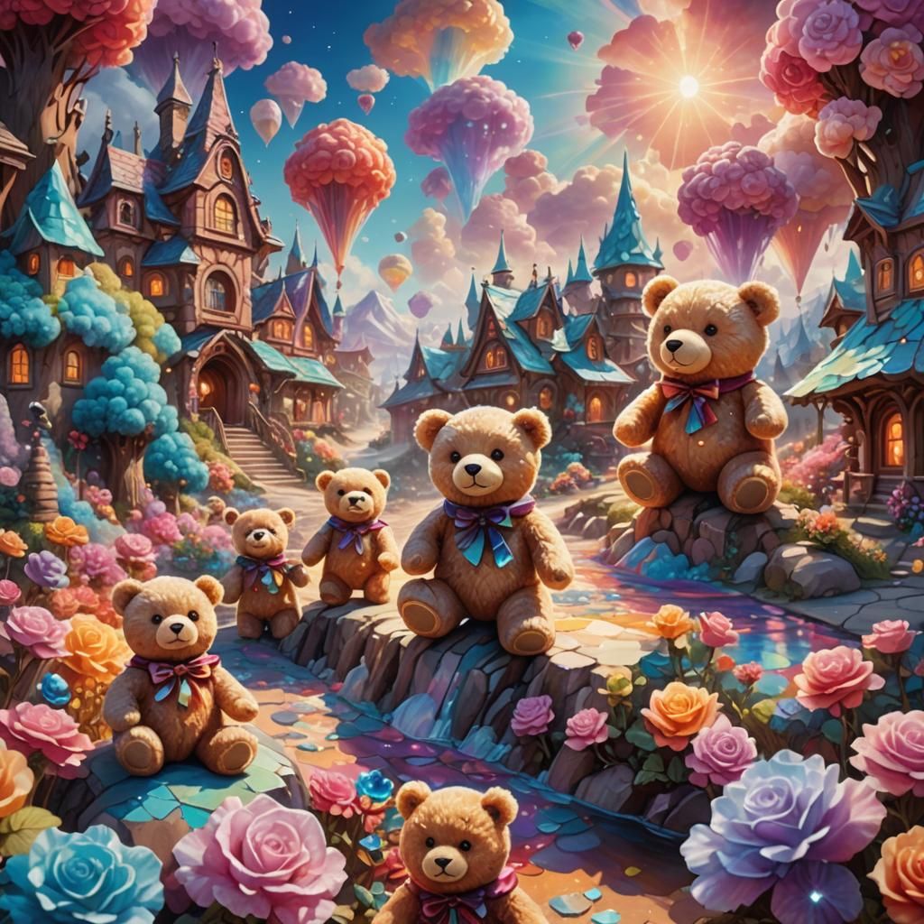 Fantasy Crystal Village with Teddy Bears in Oil Paint
