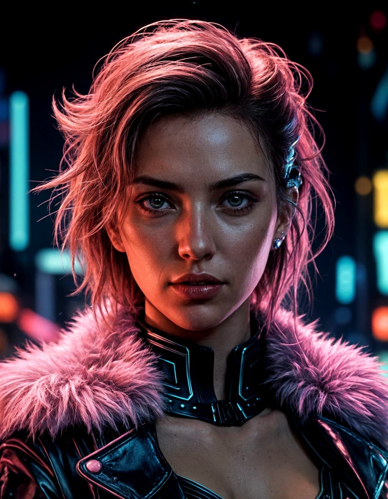 Retrowave Anime Cyberpunk Girl in Fur Skirt