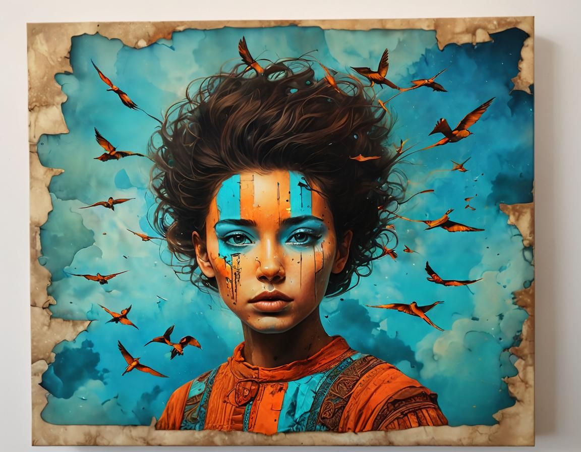 Surreal Megastructure with Birds in Alcohol Ink Style