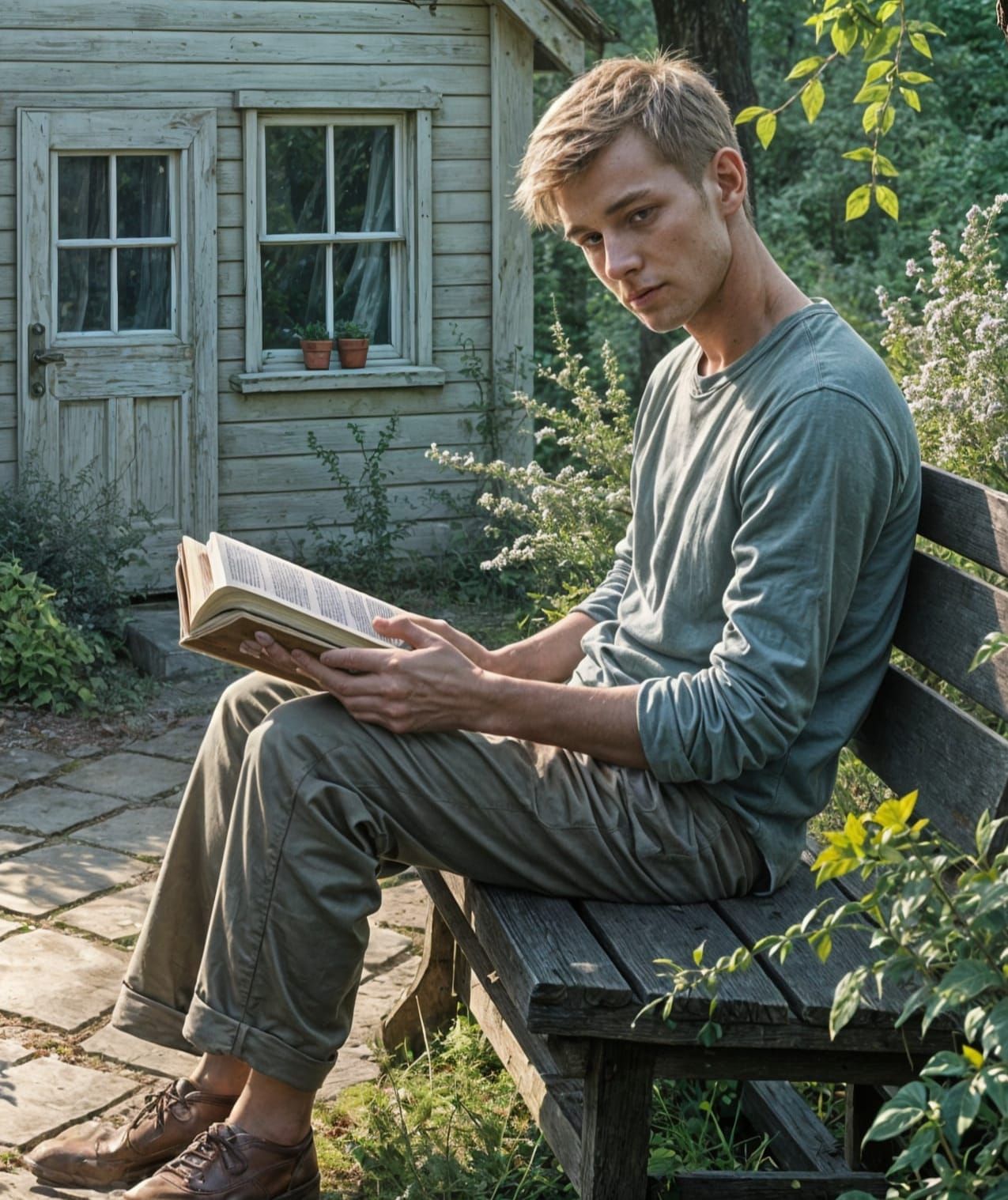 Cottage in English Wood with Reader