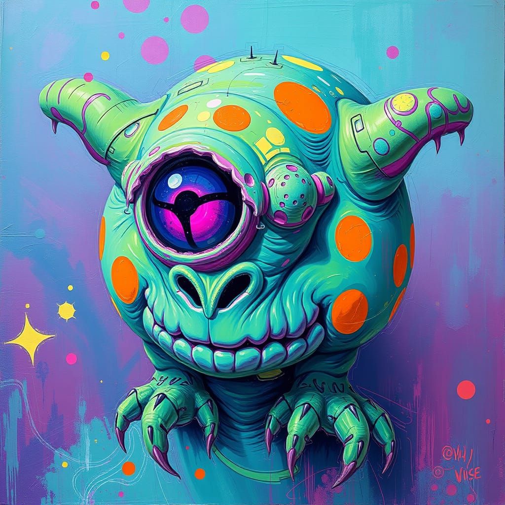 Whimsical Retrofuturism Oil Painting of a Fantastical Creatu...