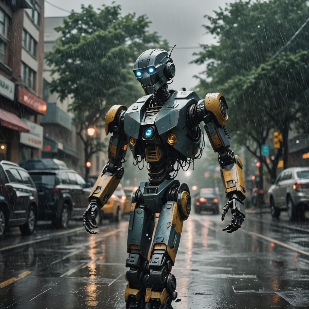 Robot Enjoys Rain in Cinematic Film Still