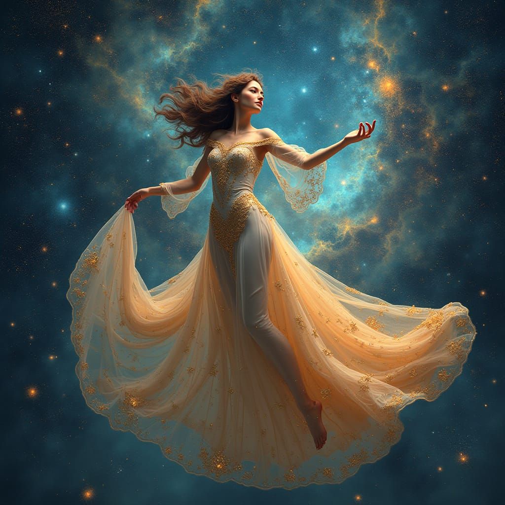 Celestial Sorceress Amidst Galaxy Stardust and Nebulae