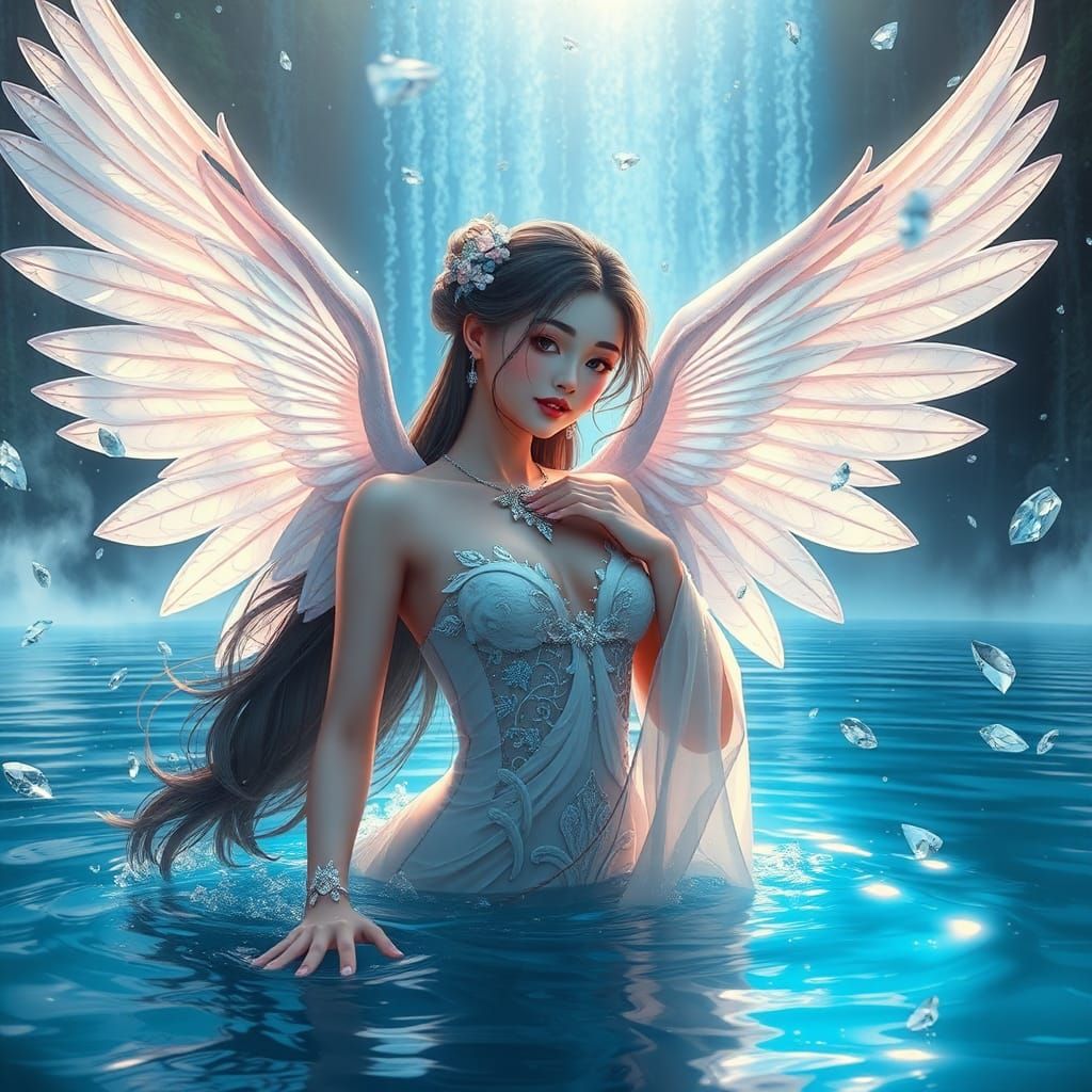 Kinnaree with Angel Wings in Diamond Waterfall