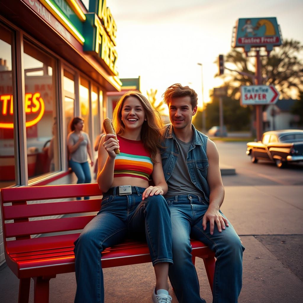 Retro Teen Couple Enjoy Sunset at Vintage Diner