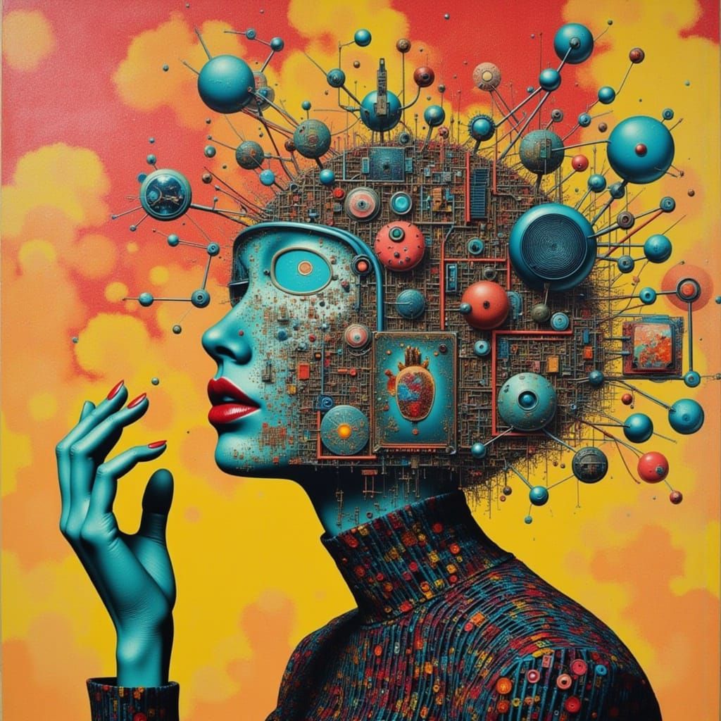 Retro Futuristic TV Head Consuming Reflection in Glitch Stat...