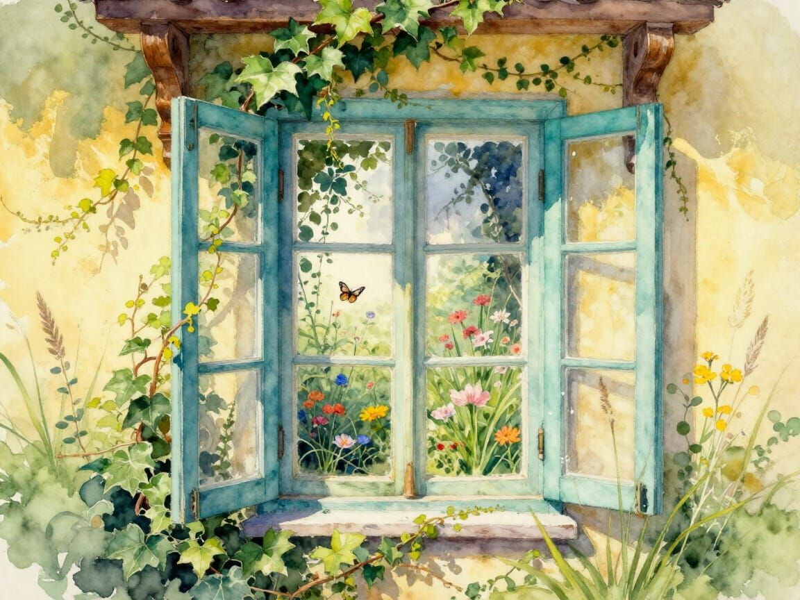 Watercolor Painting of Turquoise Window and Overgrown Garden