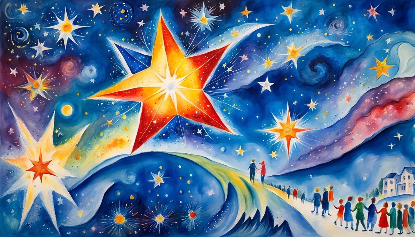 Twin Blue Stars in Colorful Impressionist Painting
