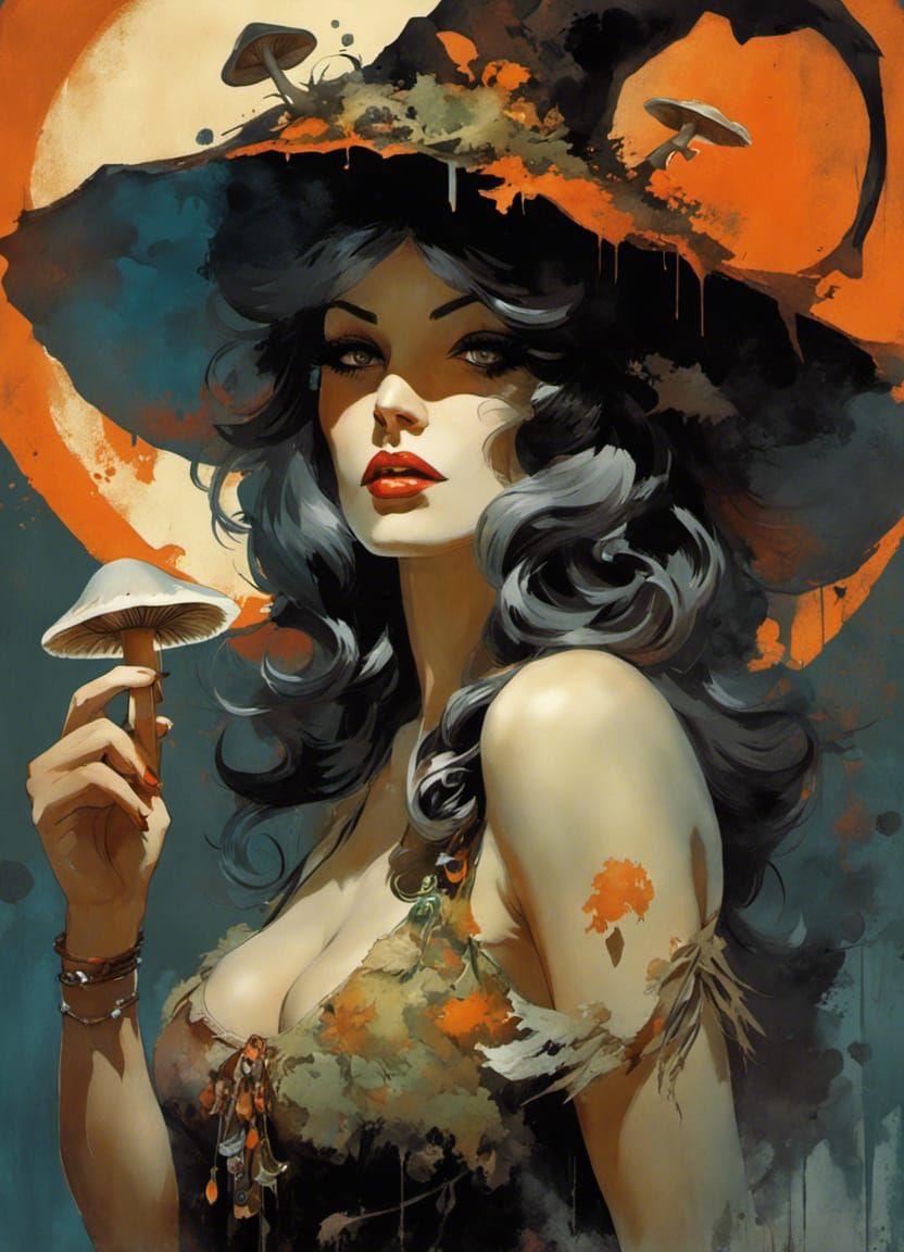 Mushroom Witch Pin-Up in Décolettage Style