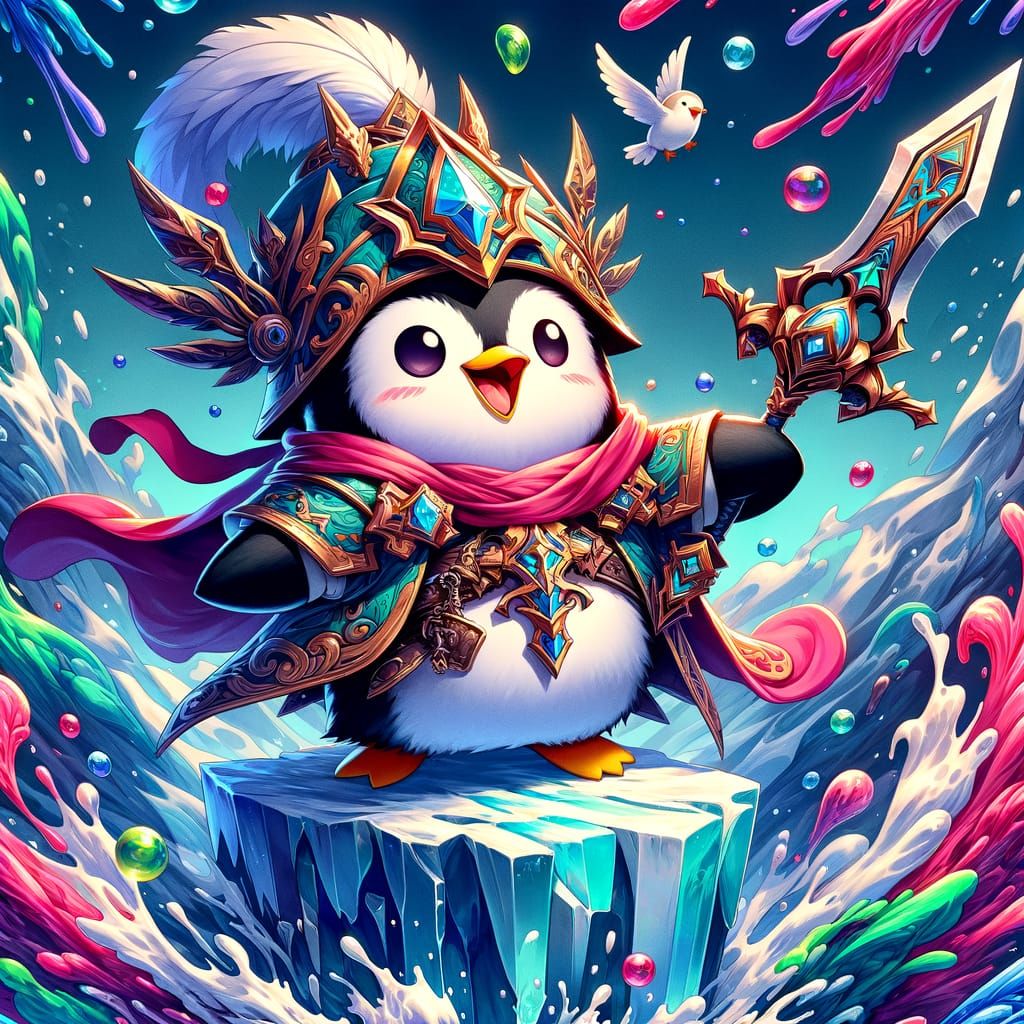 Chibi Penguin Warrior Victorious on Iceberg