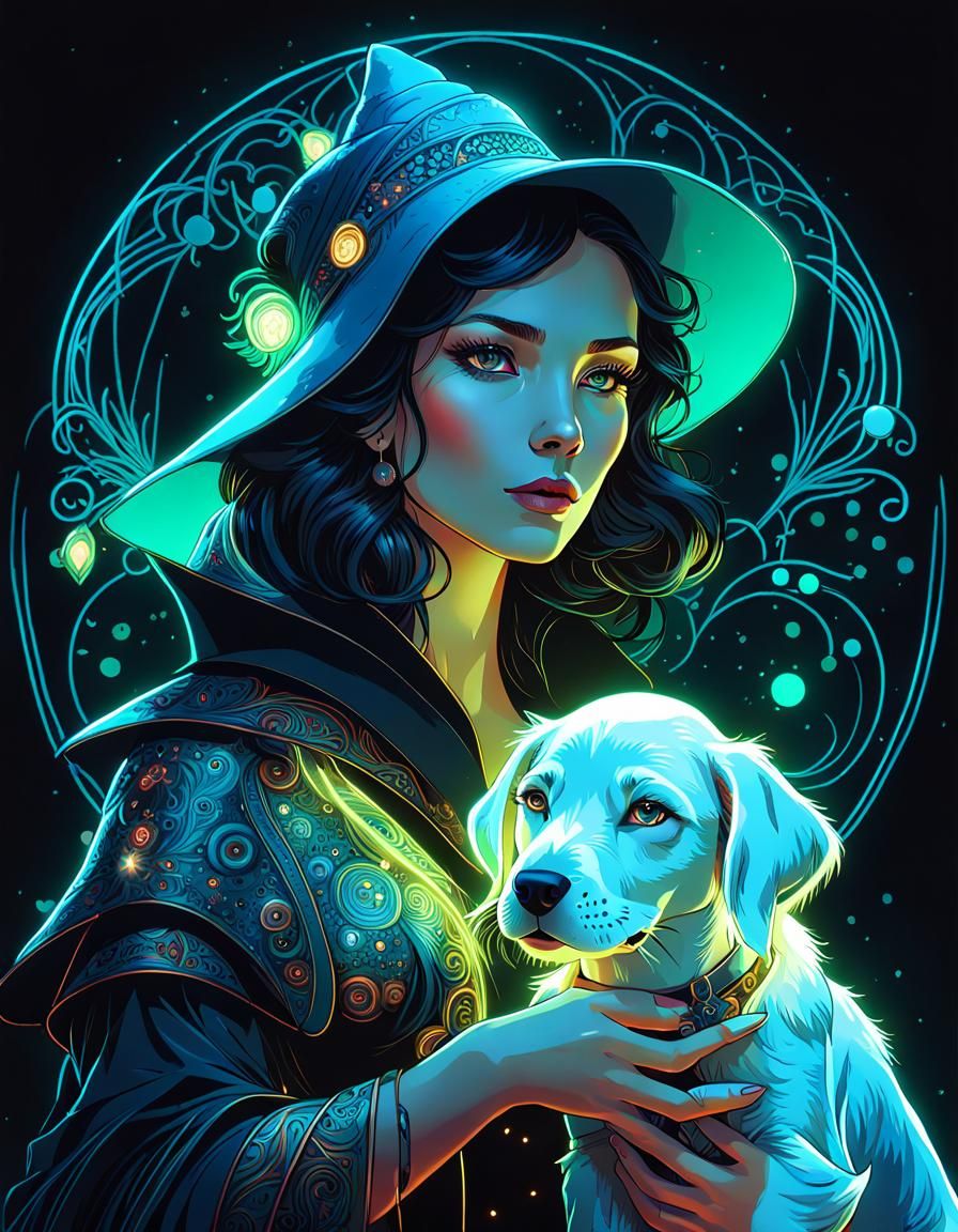 Neon Witch Portrait with Dalmatian Puppy