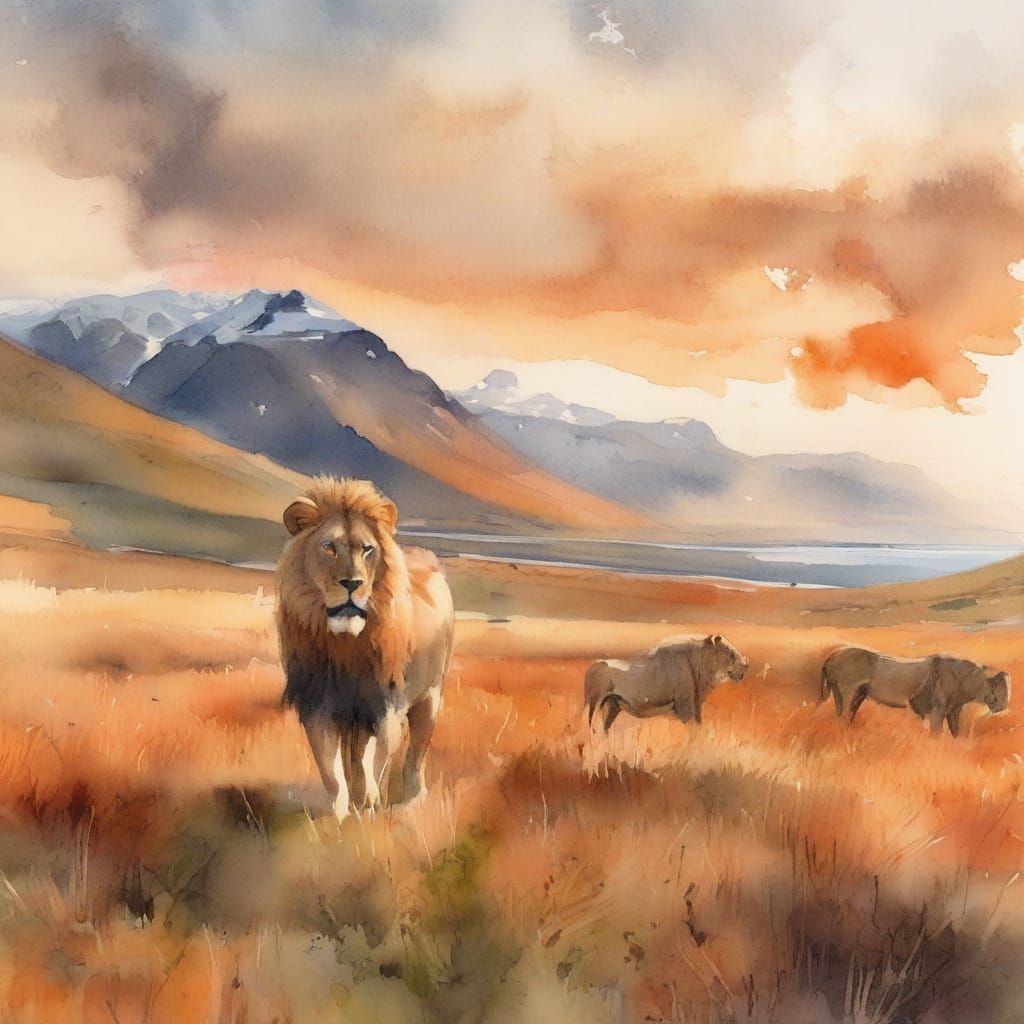 Whimsical Watercolor Landscape of Kalsoy Island with Wild Li...