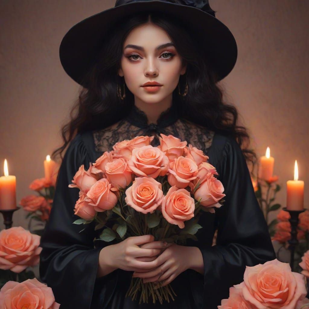 Witch with Coral Roses in Whimsical Fantasy Art