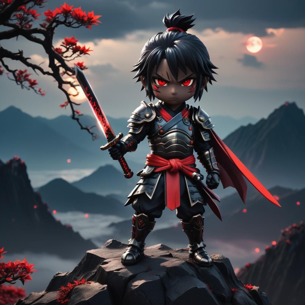 A Hyperrealistic, chibi styled 3D figure of a dark samurai, ...