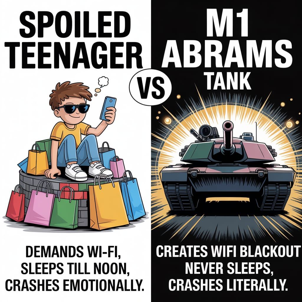 Spoiled Teenager vs M1 Abrams Tank Comparison Poster