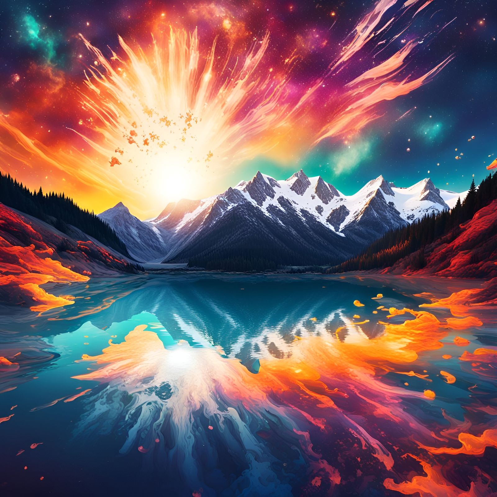 Alpine Lake Sunset in Surreal Splash Art Style