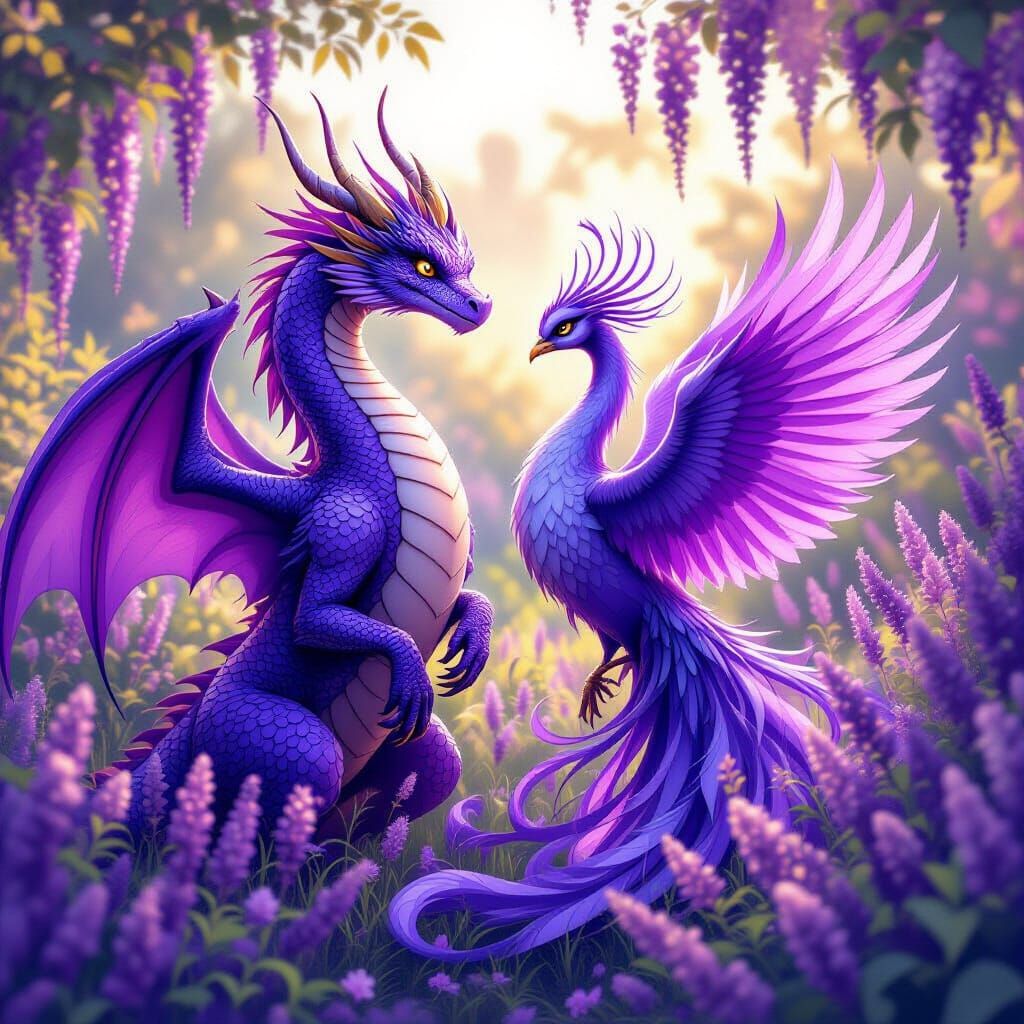 Purple Dragon and Phoenix in Ethereal Garden