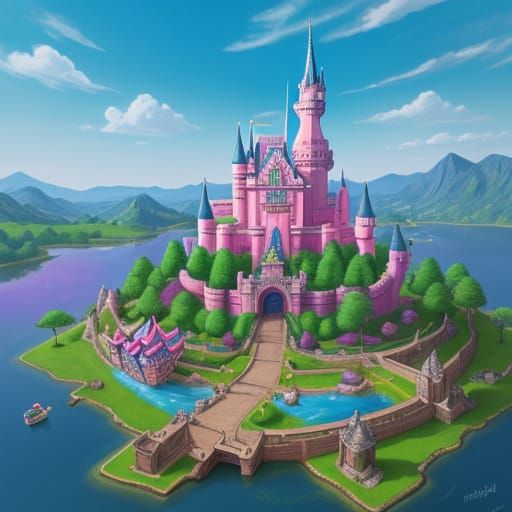 Castle with multiple spires, a draw bridge and a moat situated on an island