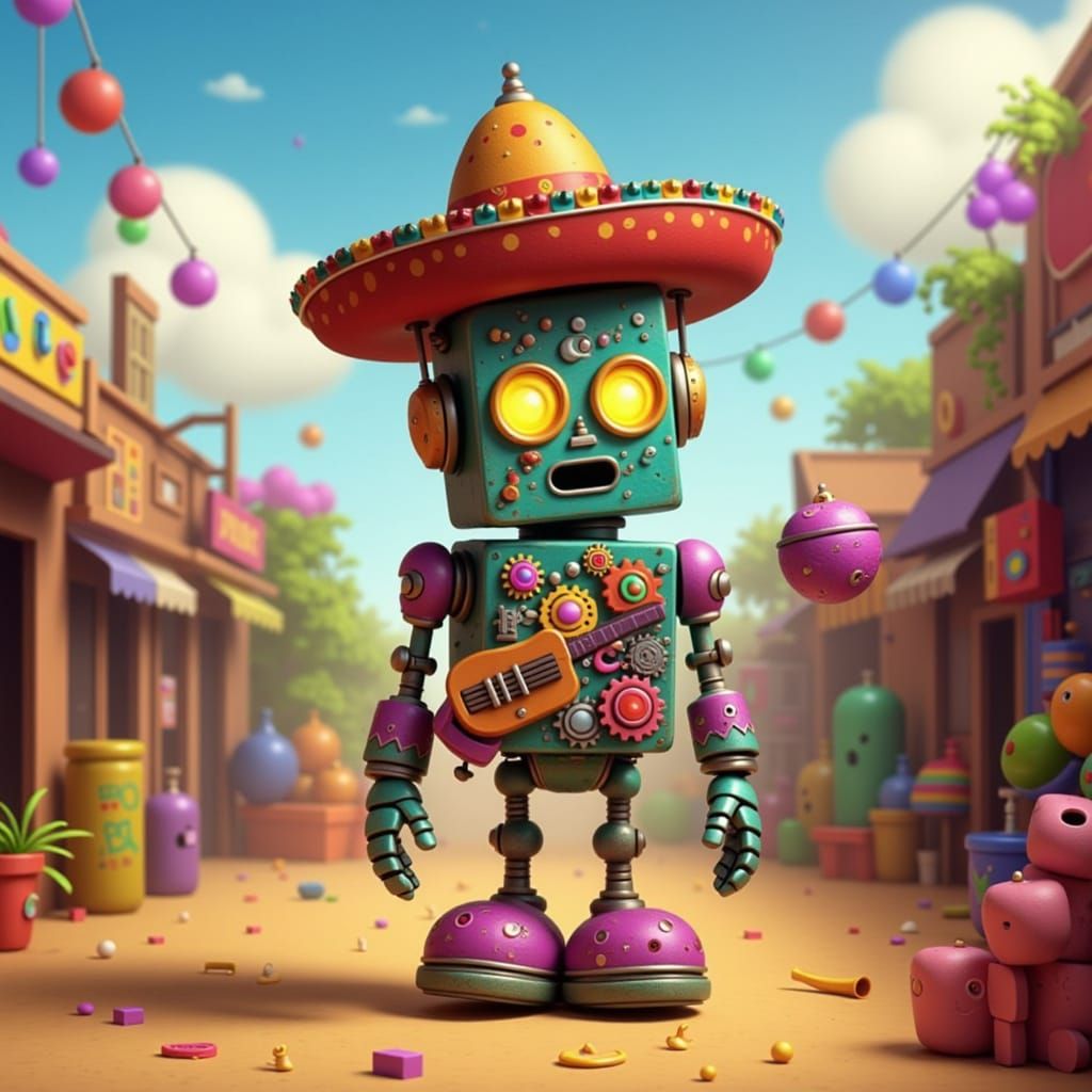 Whimsical Mexican Robot with Guitar and Maracas