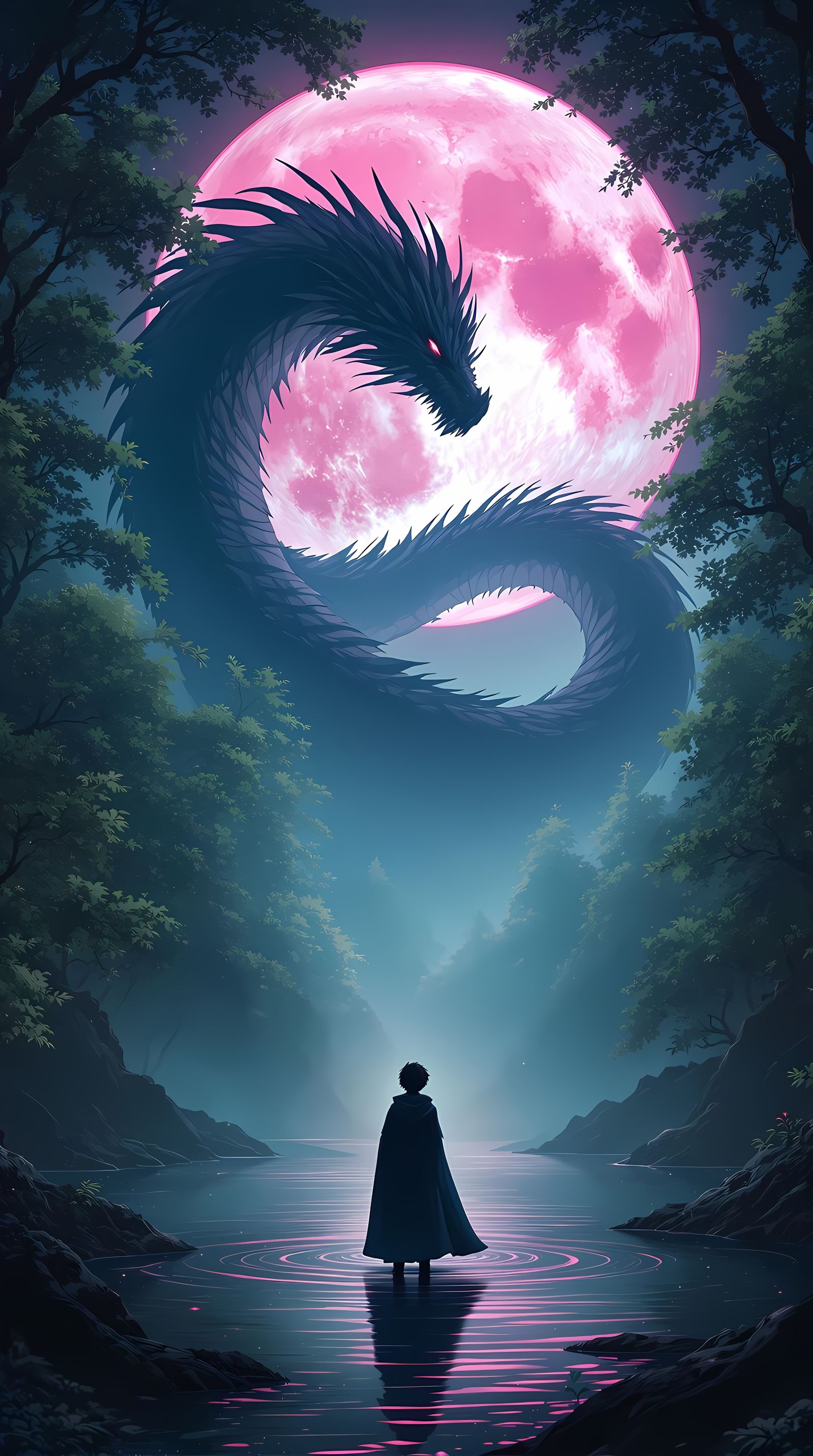 Mystical Encounter Under Glowing Pink Moonlight