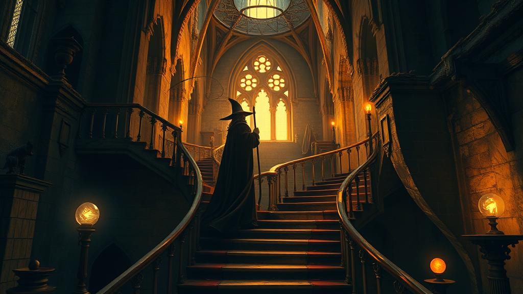 Wizard in Ruined Castle at Twilight: Golden Light Fantasy