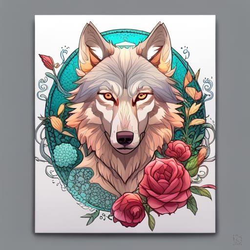 Wolf Portrait with Floral Design: Coloring Book Style