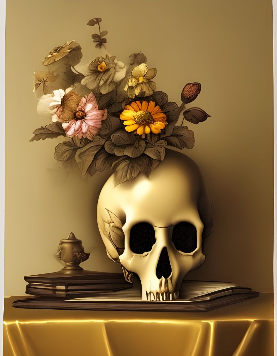 Golden Skull Vase Still Life in Watercolor Style