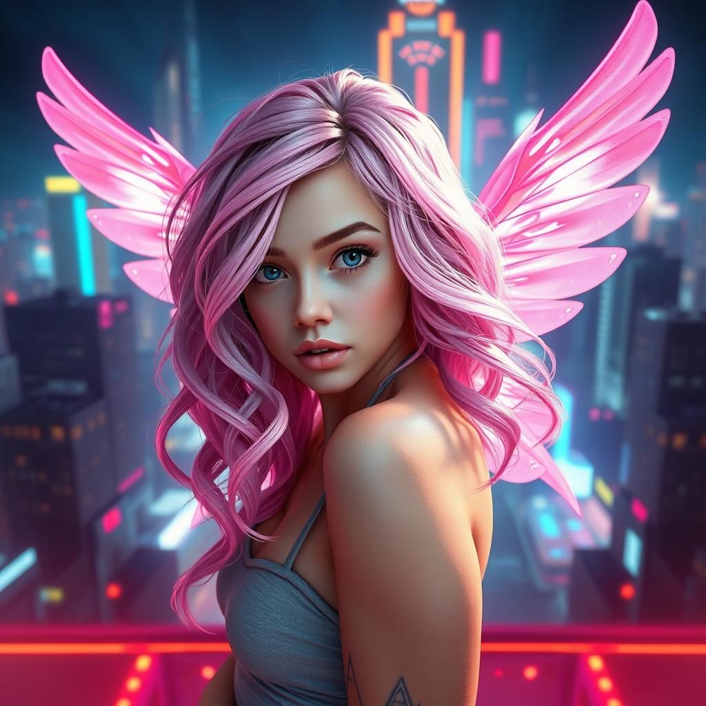 Pink-Haired Fairy in Neon Cityscape: 4K Pixel Art