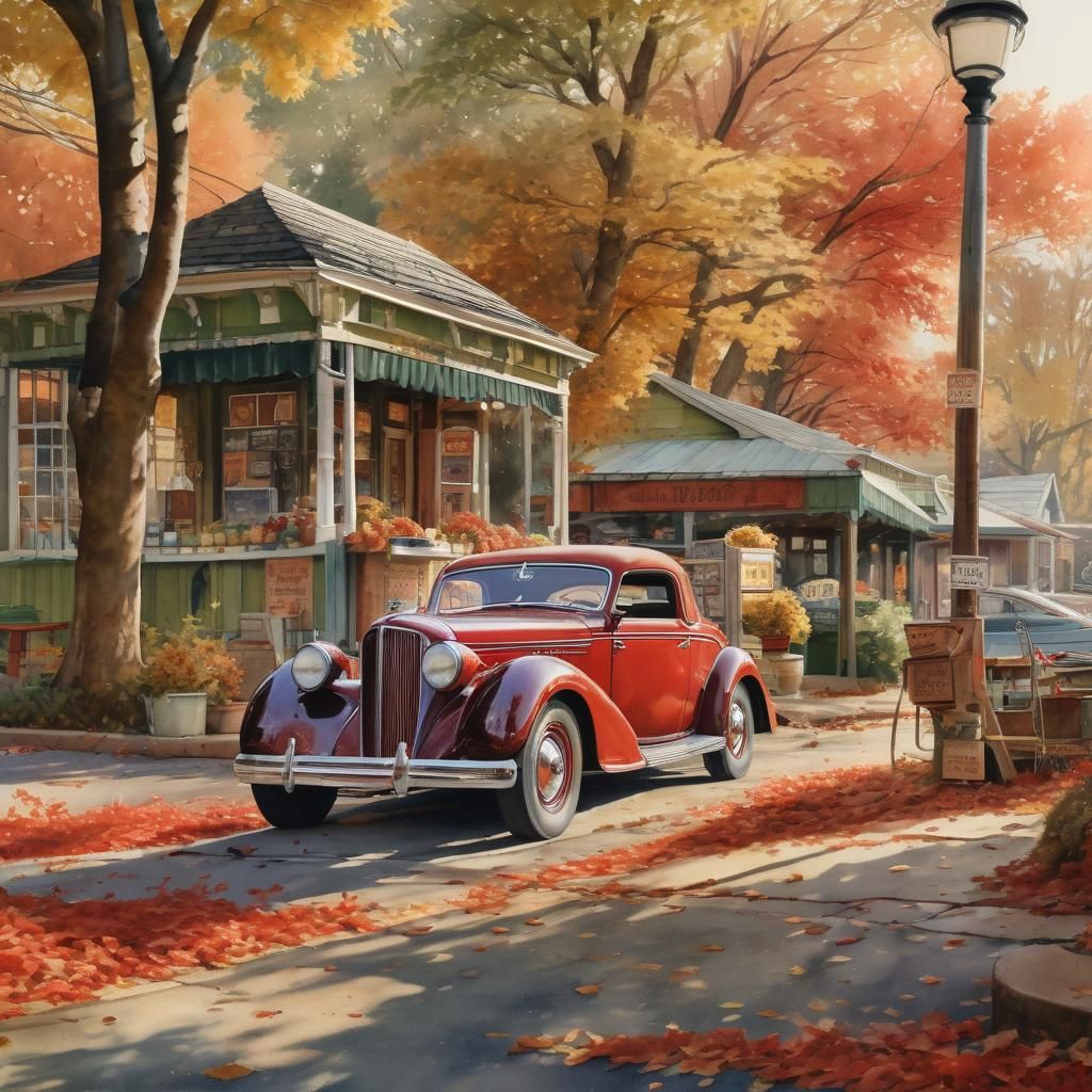 Vintage Red Car on Autumn Afternoon: Watercolor Painting