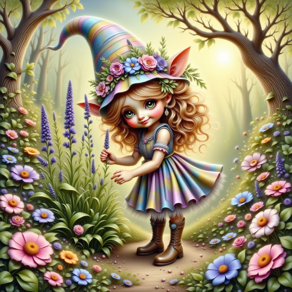 Scandinavian Gnome Tending Lavender Garden in Whimsical Styl...
