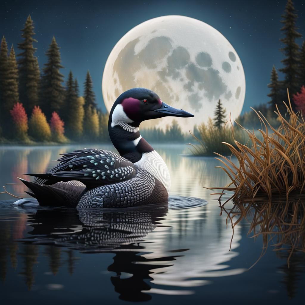 Colorful Loon Silhouetted by Moon on Lake