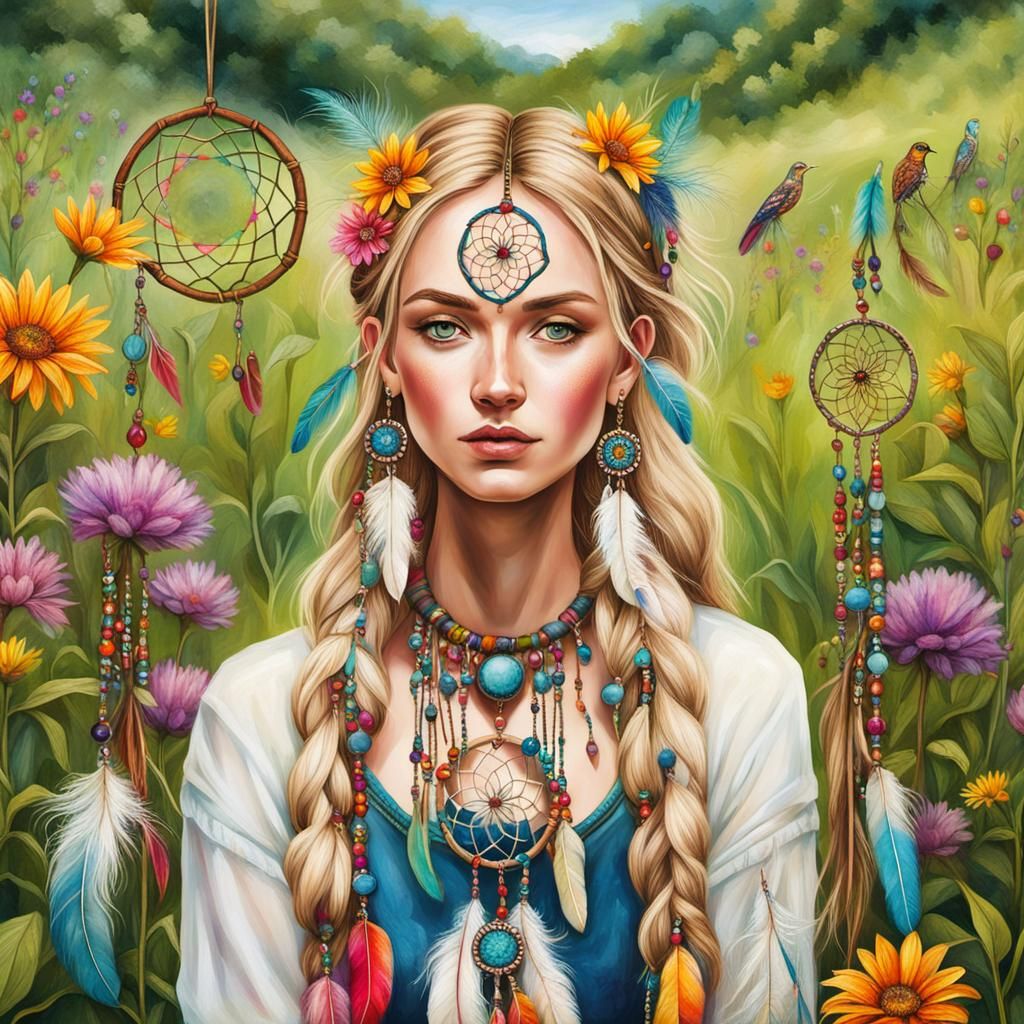 Boho Hippie Girl in Wildflower Meadow