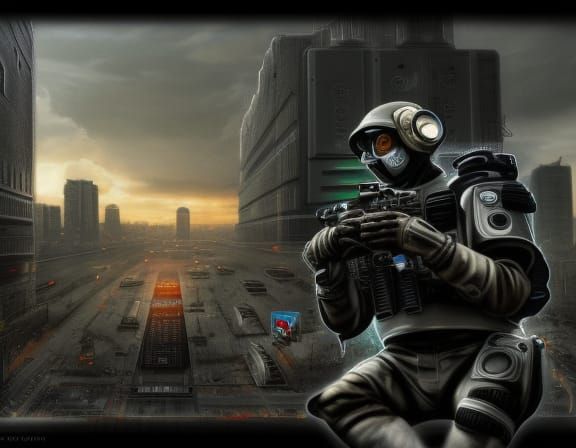 ultra-realistic photorealistic, Sci fi military cyber-policeman reflective armoured gleaming metal, guns, balanced , pro...