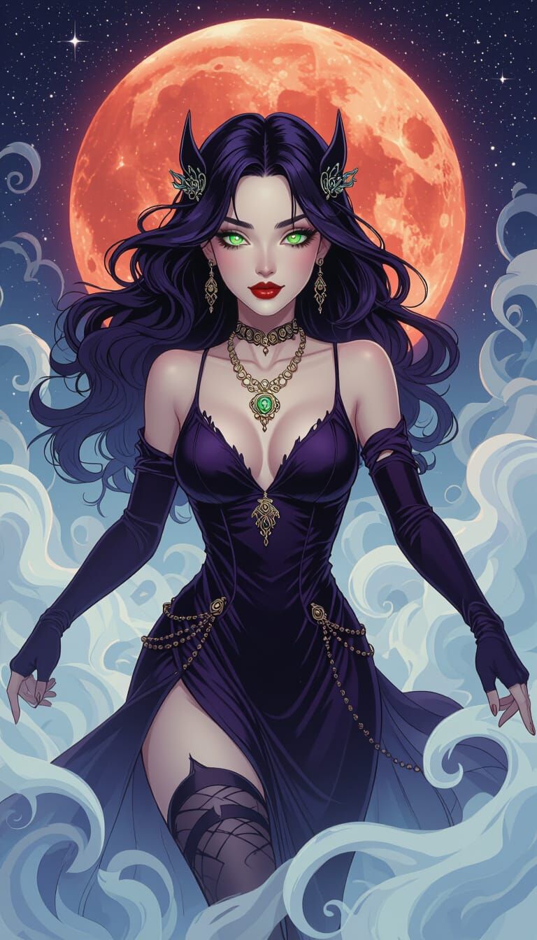 Mare-Woman Ink Sketch with Starry Night