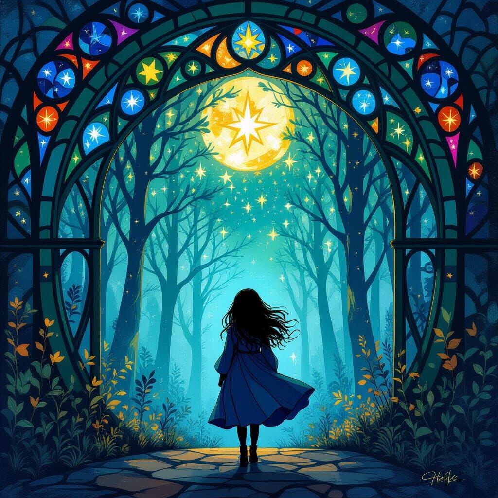 Enchanting Forest Spirit Under Starry Night Sky