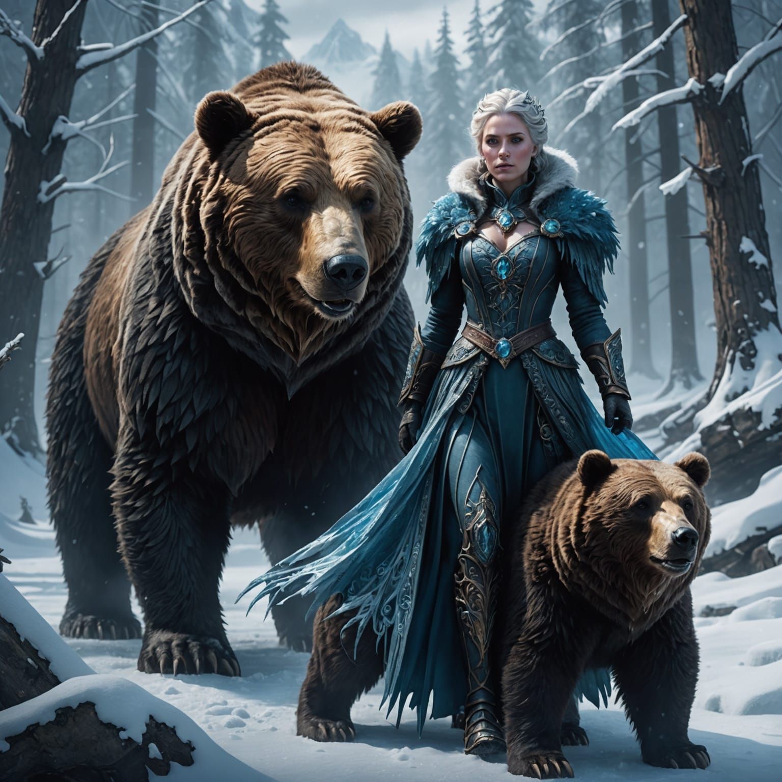 Ice Queen with Bear in Detailed Matte Painting