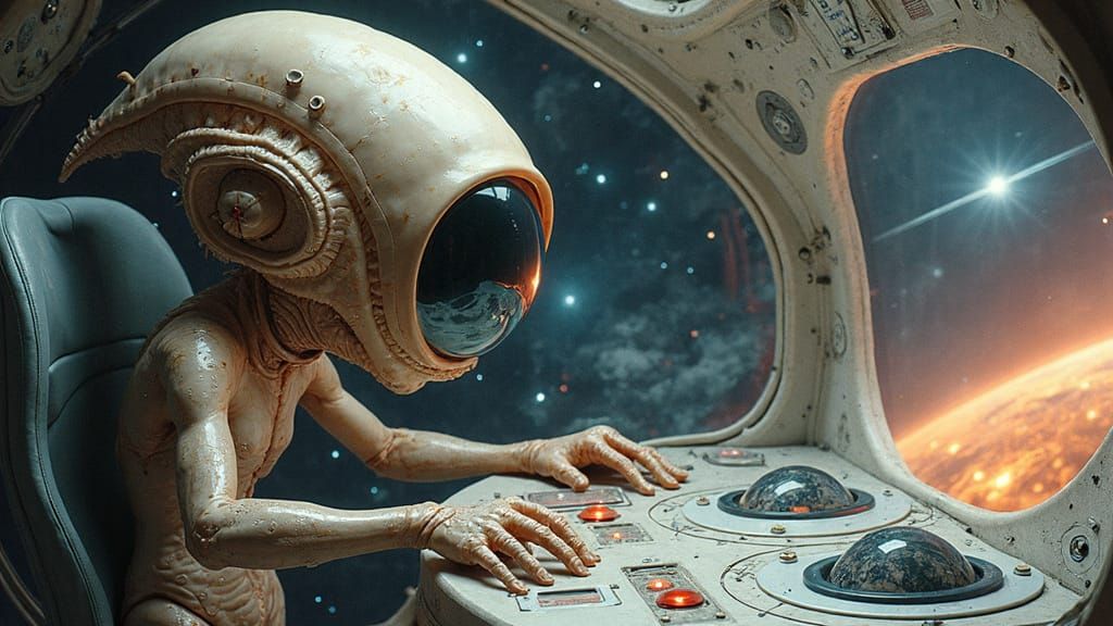 Cyberpunk Alien Pilot with Biomechanical Eyes