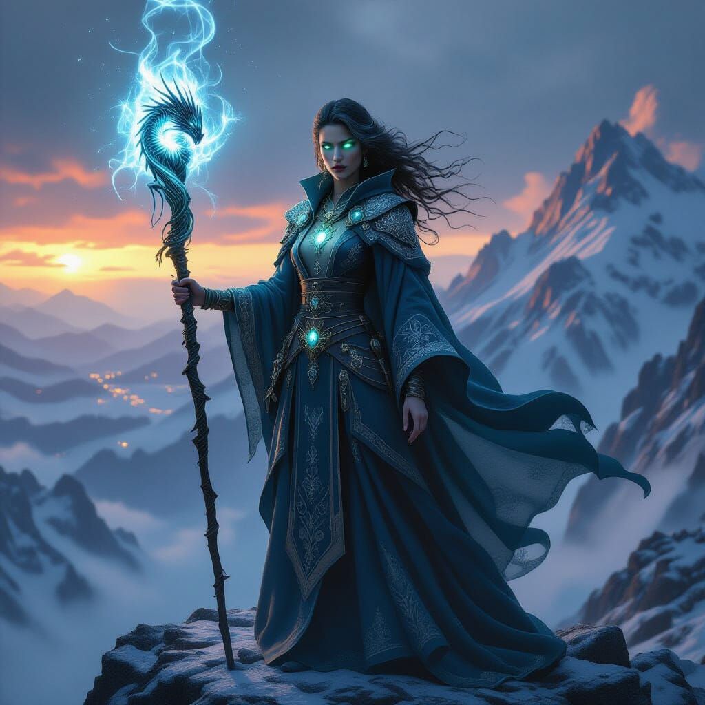 Sorceress on Mountain Peak Overlooking Mystical Kingdom