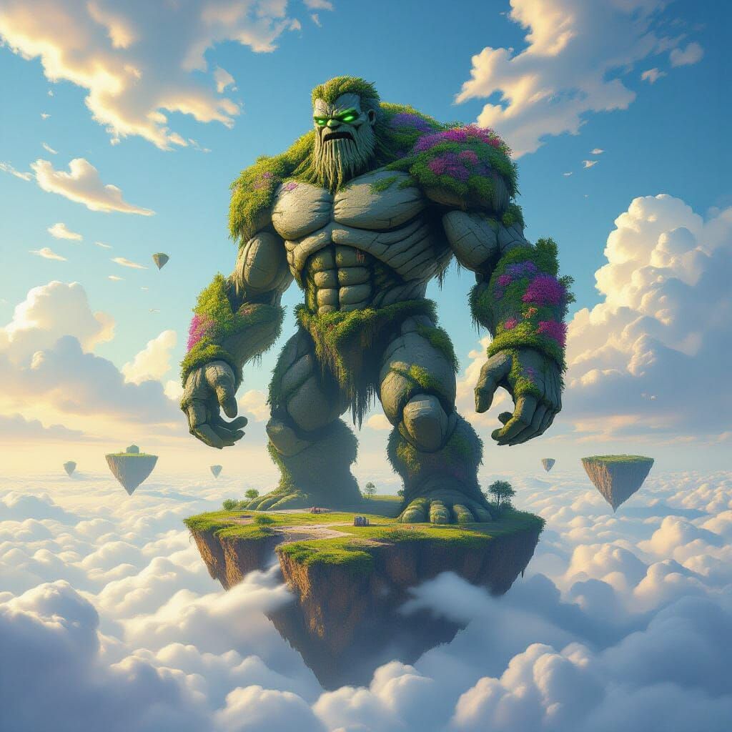 Ancient Stone Golem Overgrown with Flora on Floating Island