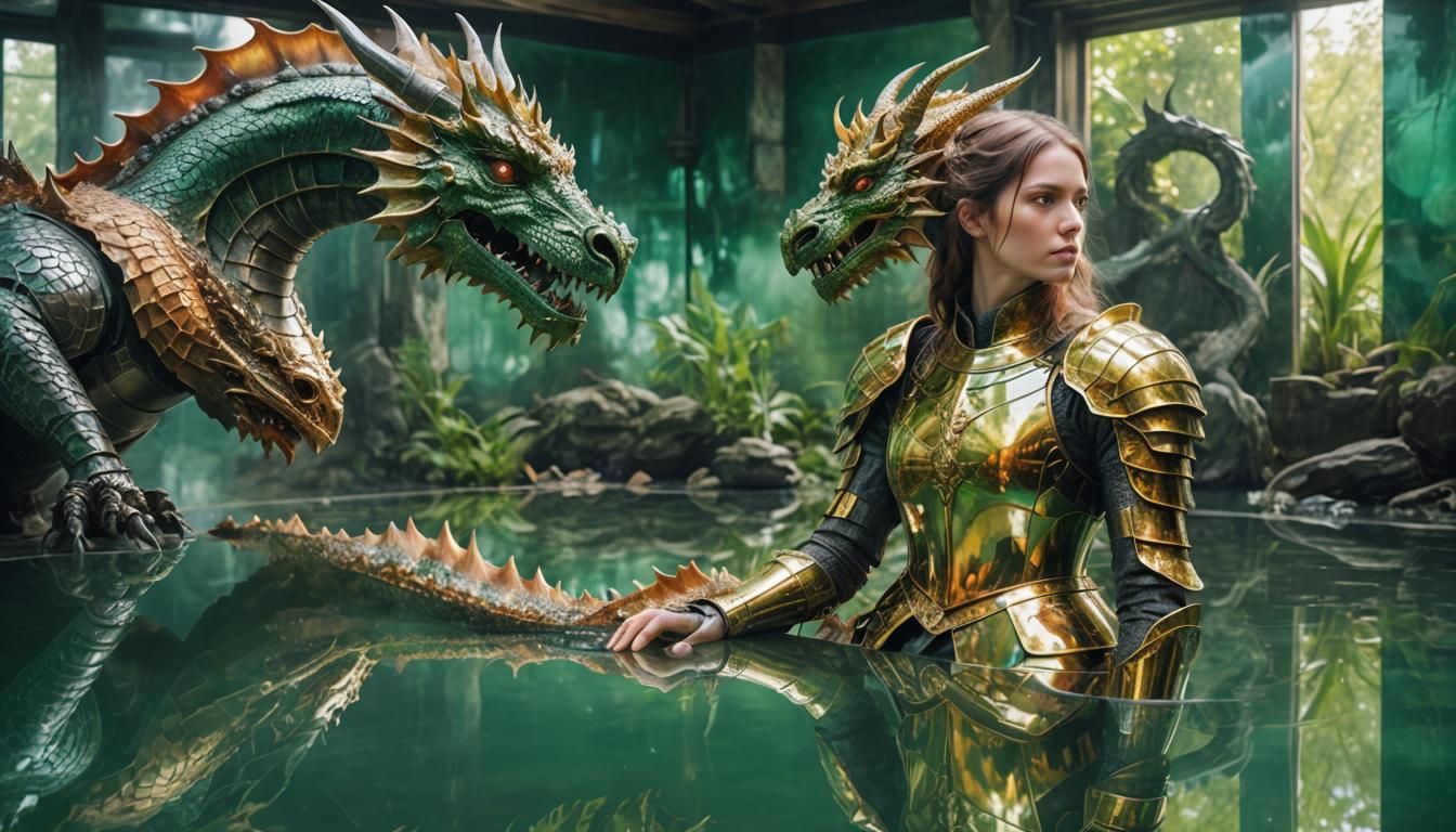 Armored Knight and Dragon Reflection in Alchemy Lab