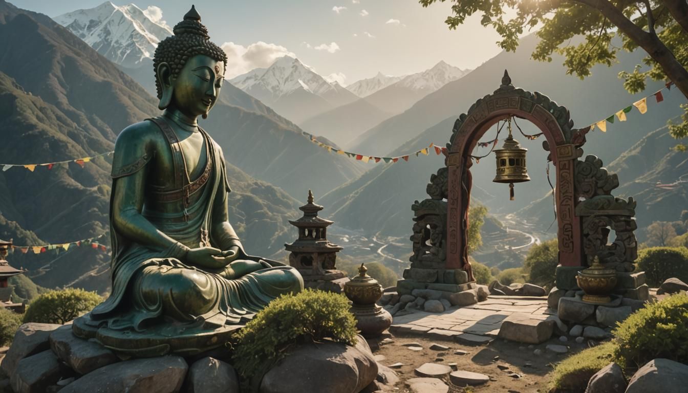 Green Tara Statue in a Serene Tibetan Landscape