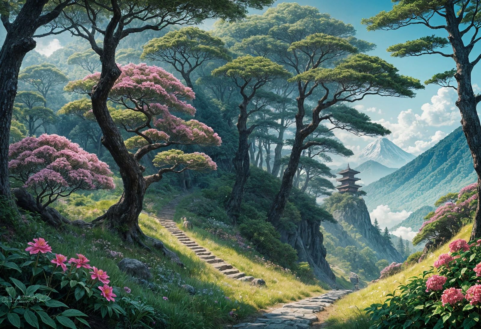 Surreal Mountain Landscape with Vibrant Blooms in a Futurist...