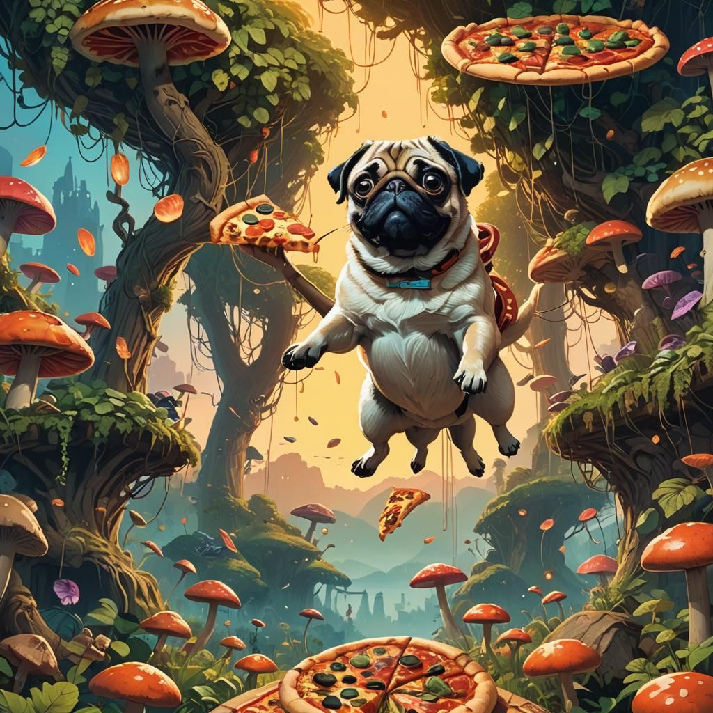 Pug Reaching for Pizza in Fantasy Landscape