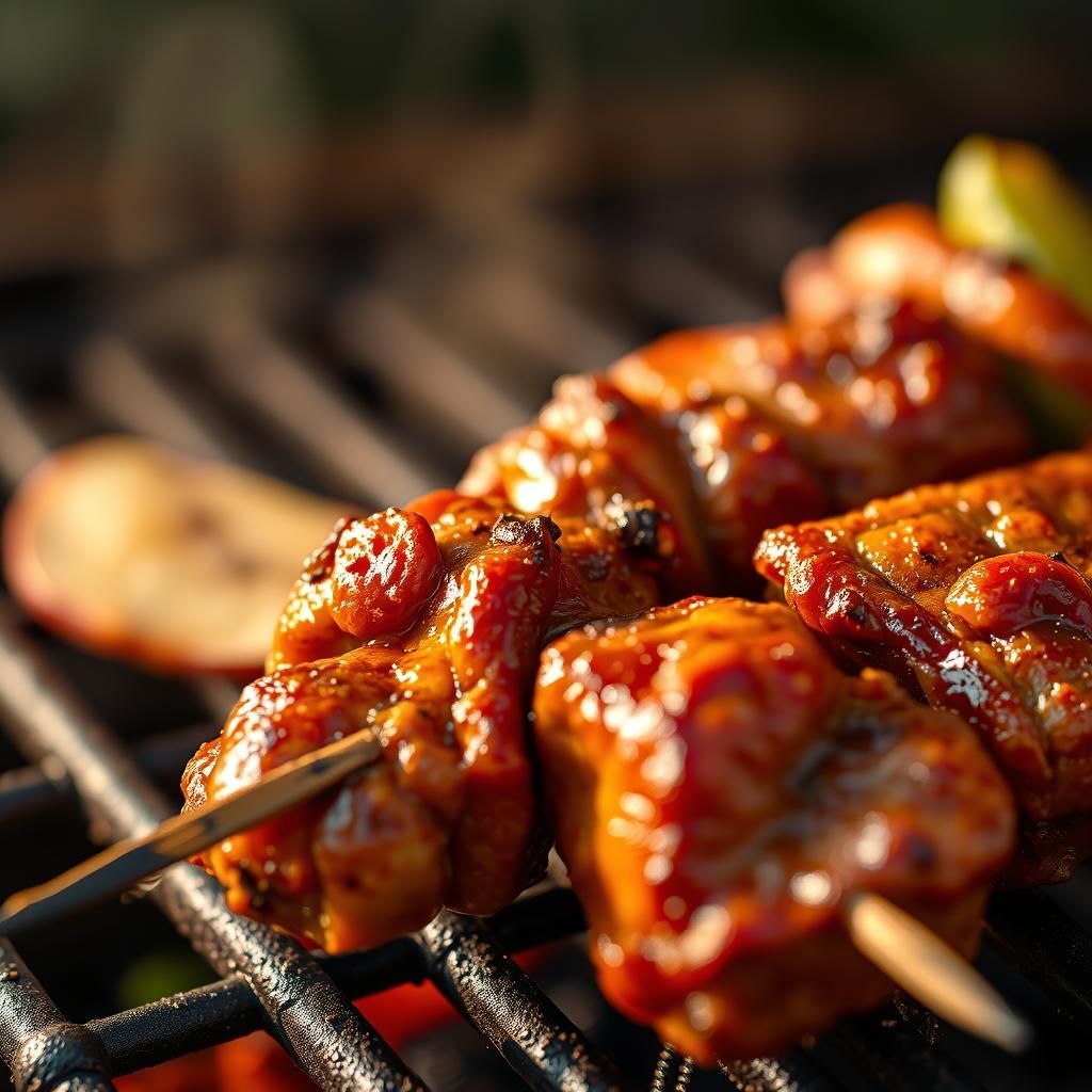 Sizzling BBQ Skewer on Grill: Macro Photography